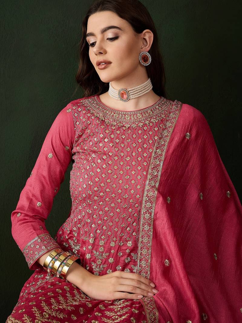 pink vichitra silk   flared kurta with bottom & dupatta