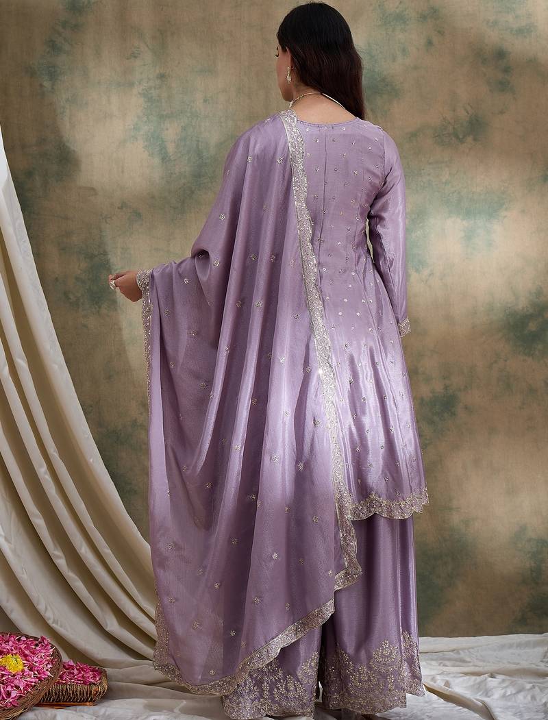 light purple chinon   straight kurta with bottom & dupatta
