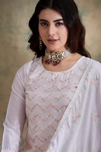 white chinon  straight kurta with bottom & dupatta