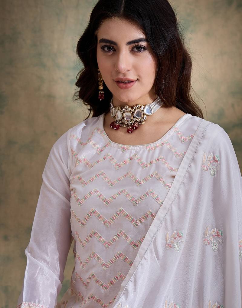 white chinon   straight kurta with bottom & dupatta