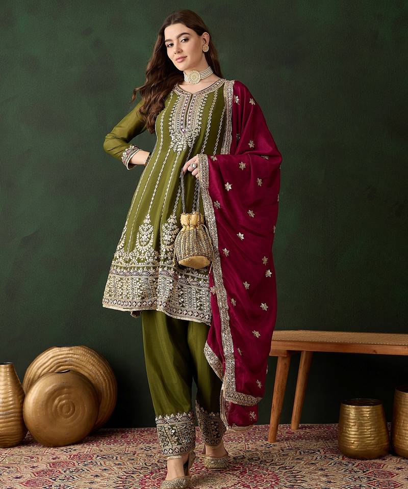 mehendi chinon   anarkali top with bottom & dupatta