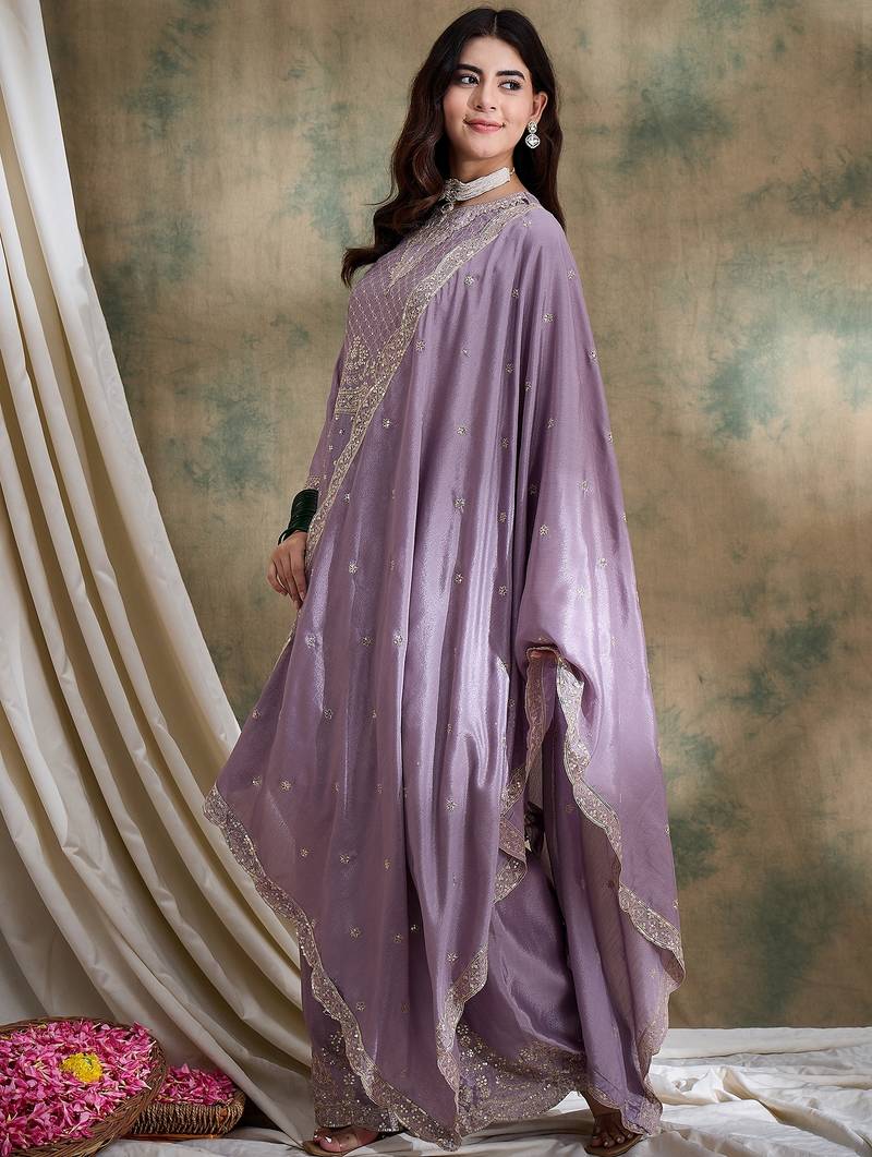 light purple chinon   straight kurta with bottom & dupatta