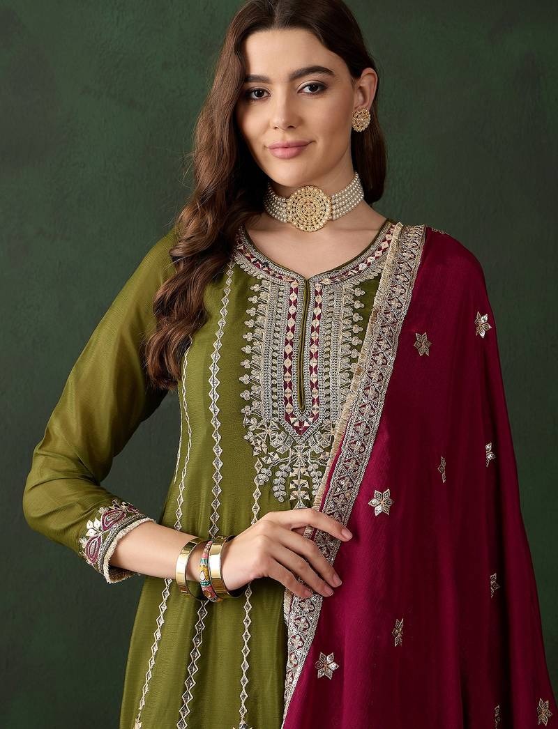 mehendi chinon   anarkali top with bottom & dupatta