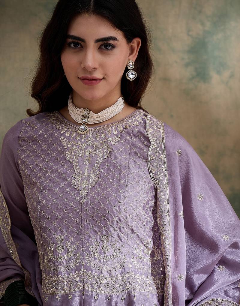 light purple chinon   straight kurta with bottom & dupatta