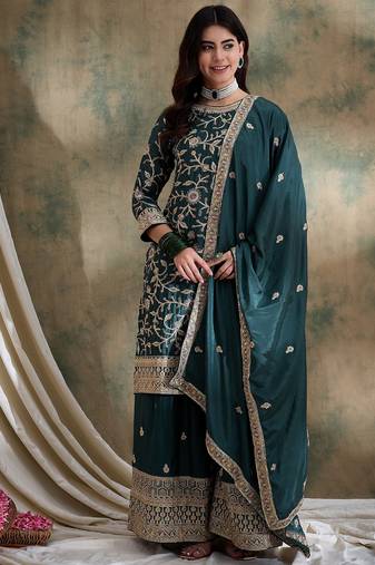 green chinon   straight kurta with bottom & dupatta