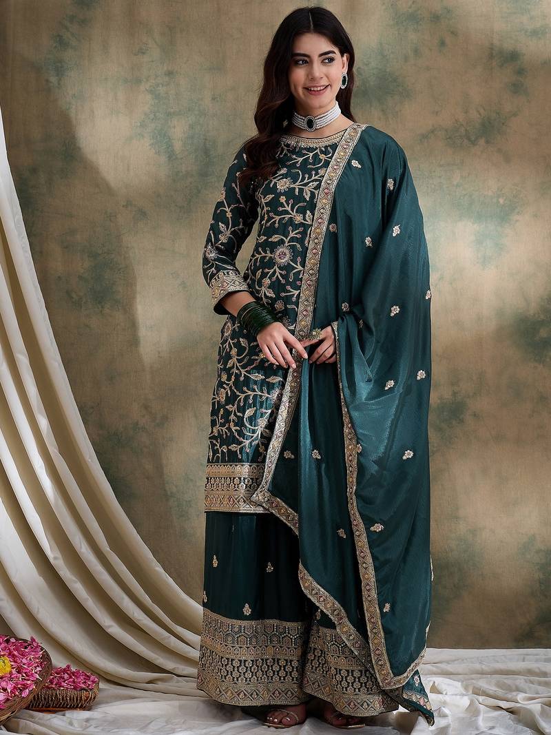 green chinon   straight kurta with bottom & dupatta