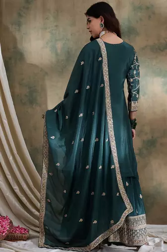 green chinon  straight kurta with bottom & dupatta