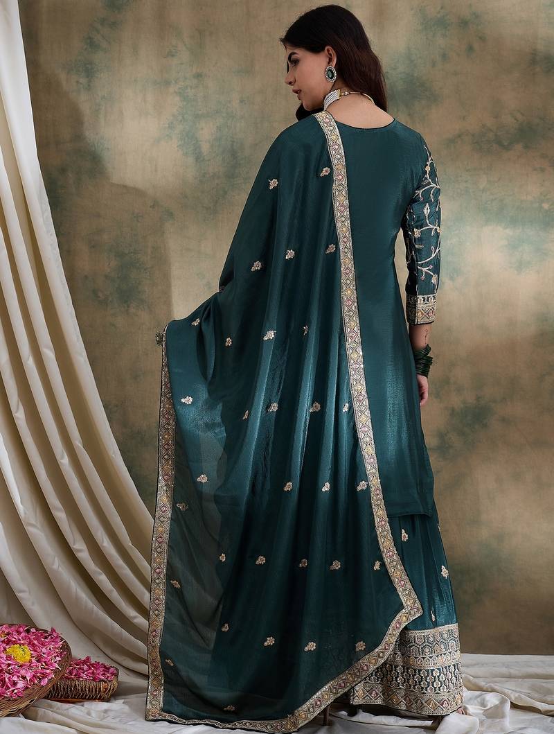 green chinon   straight kurta with bottom & dupatta