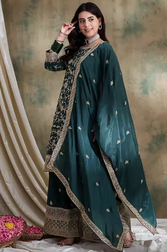 green chinon  straight kurta with bottom & dupatta