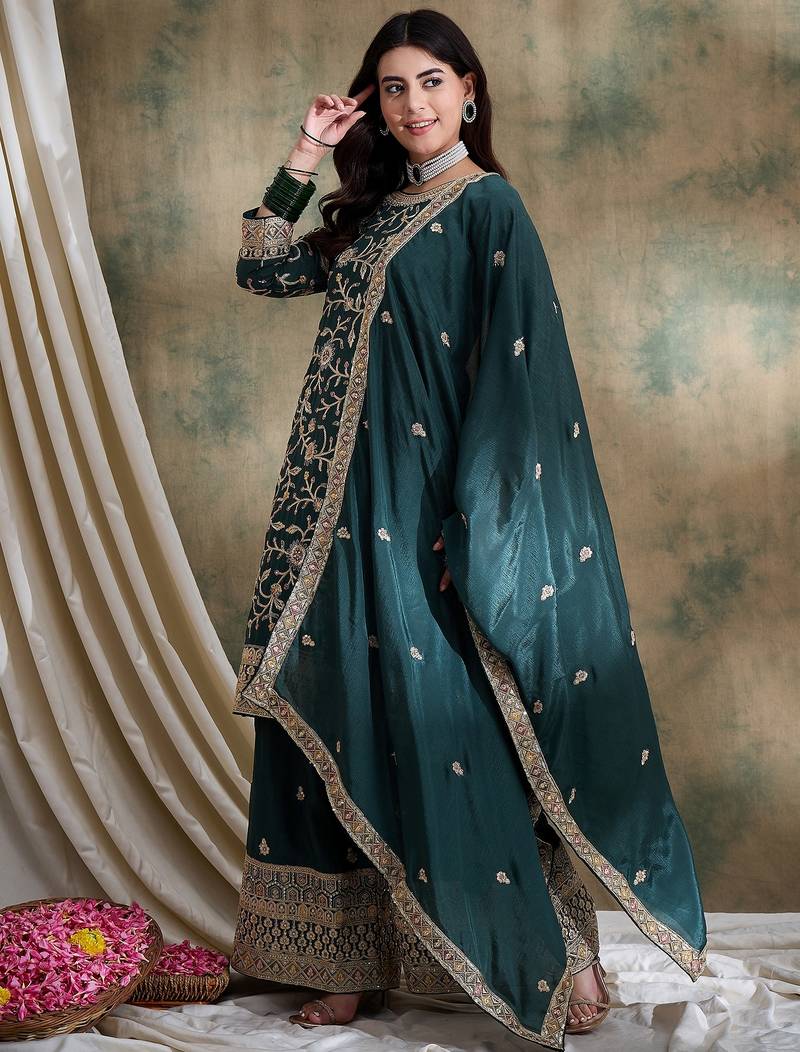green chinon   straight kurta with bottom & dupatta