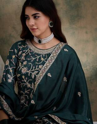 green chinon  straight kurta with bottom & dupatta 4