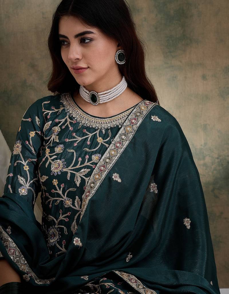 green chinon   straight kurta with bottom & dupatta