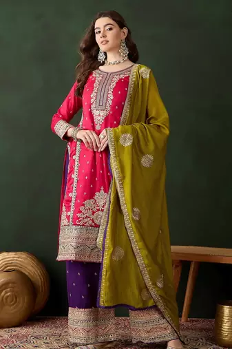 pink vichitra silk   straight kurta with bottom & dupatta