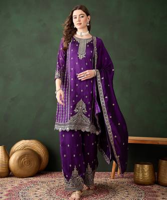 purple vichitra silk  straight top with bottom & dupatta 1