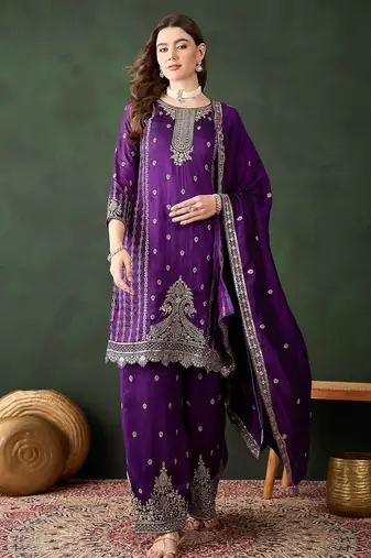 purple vichitra silk  straight top with bottom & dupatta