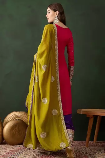 pink vichitra silk  straight kurta with bottom & dupatta