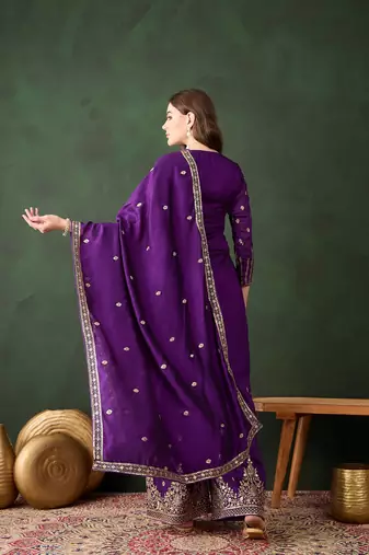 purple vichitra silk  straight top with bottom & dupatta