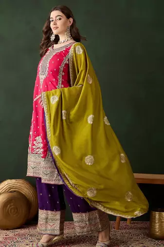 pink vichitra silk  straight kurta with bottom & dupatta