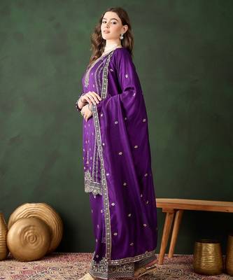 purple vichitra silk  straight top with bottom & dupatta 3