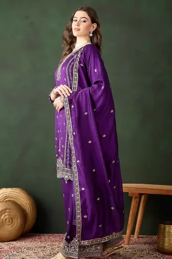 purple vichitra silk  straight top with bottom & dupatta