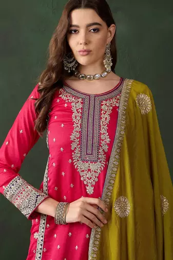 pink vichitra silk  straight kurta with bottom & dupatta