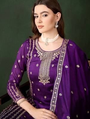 purple vichitra silk  straight top with bottom & dupatta 4