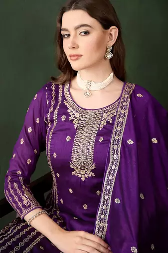 purple vichitra silk  straight top with bottom & dupatta