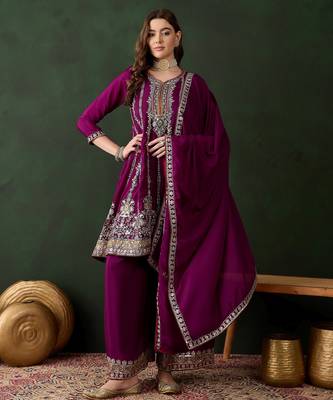 purple chinon  flared top with bottom & dupatta 1