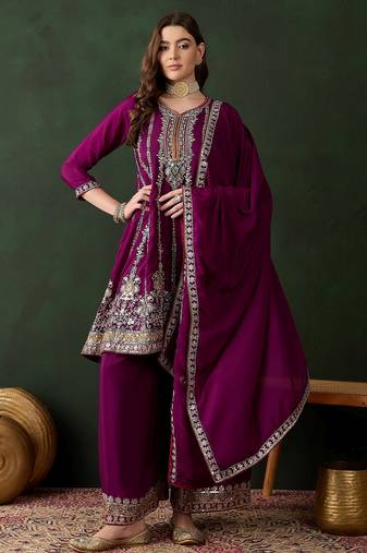 purple chinon  flared top with bottom & dupatta