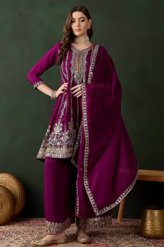 purple chinon   flared top with bottom & dupatta
