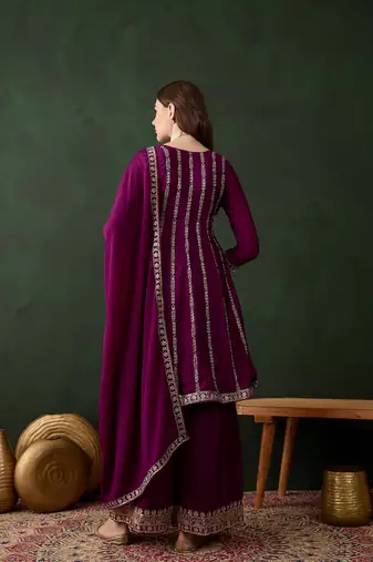 purple chinon  flared top with bottom & dupatta