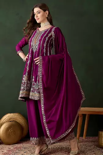 purple chinon  flared top with bottom & dupatta