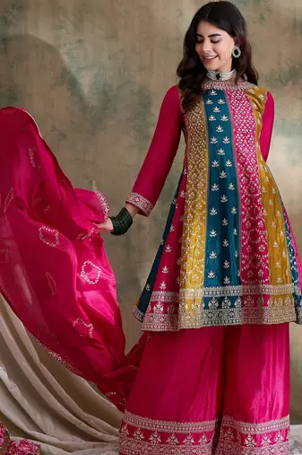 pink chinon   flared top with bottom & dupatta