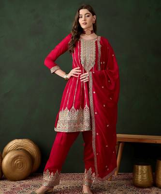 maroon vichitra silk  flared top with bottom & dupatta | embroidered top 1