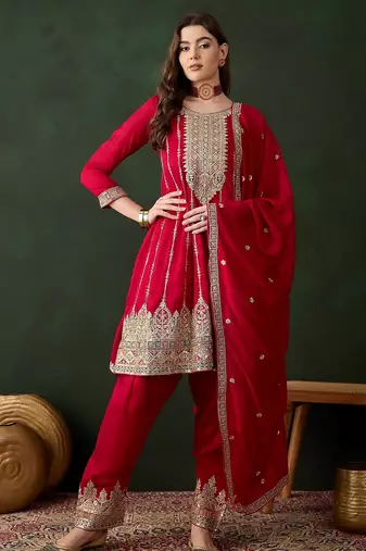 maroon vichitra silk   flared top with bottom & dupatta | embroidered top