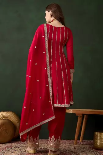 maroon vichitra silk  flared top with bottom & dupatta | embroidered top