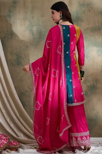 pink chinon  flared top with bottom & dupatta