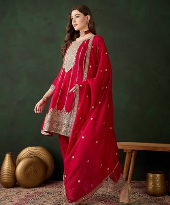maroon vichitra silk  flared top with bottom & dupatta | embroidered top 3