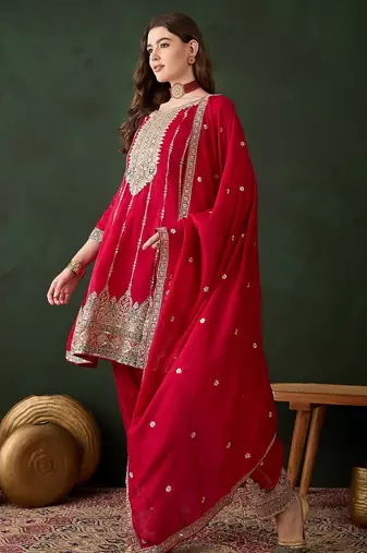 maroon vichitra silk  flared top with bottom & dupatta | embroidered top