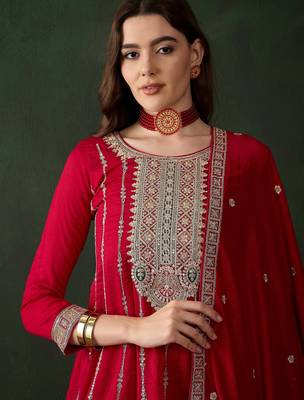 maroon vichitra silk  flared top with bottom & dupatta | embroidered top 4
