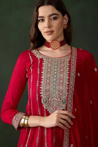 maroon vichitra silk  flared top with bottom & dupatta | embroidered top