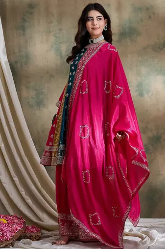 pink chinon  flared top with bottom & dupatta