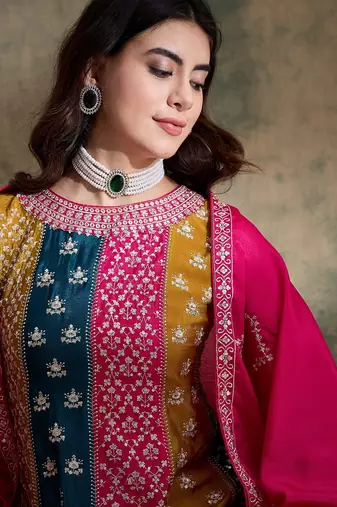 pink chinon  flared top with bottom & dupatta