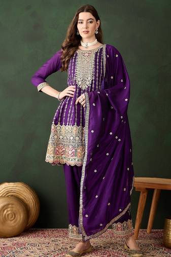purple chinon  flared top with bottom & dupatta