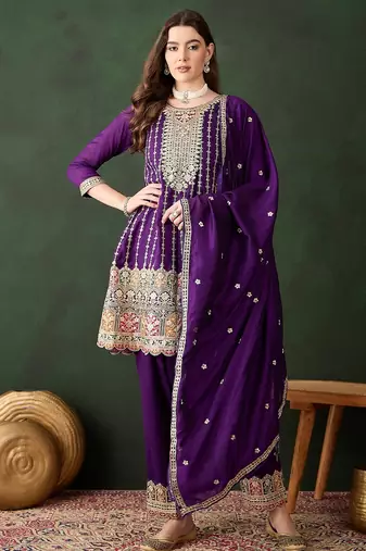 purple chinon  flared top with bottom & dupatta