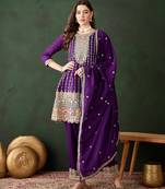 purple chinon  flared top with bottom & dupatta