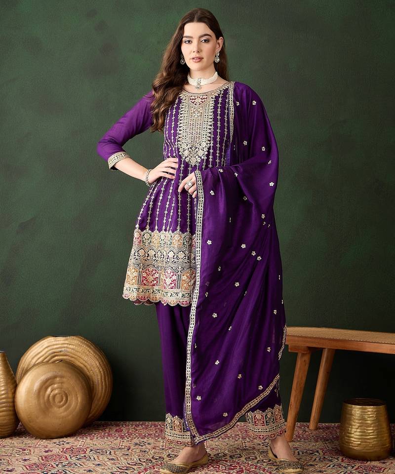 purple chinon   flared top with bottom & dupatta