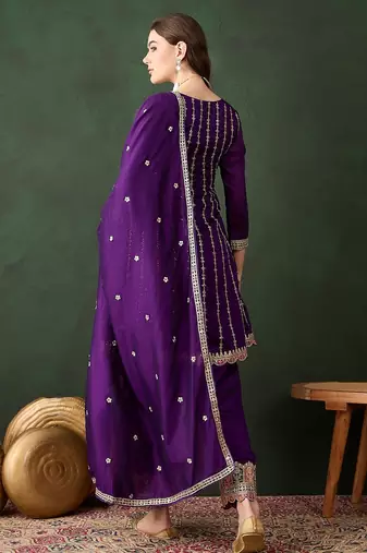 purple chinon  flared top with bottom & dupatta