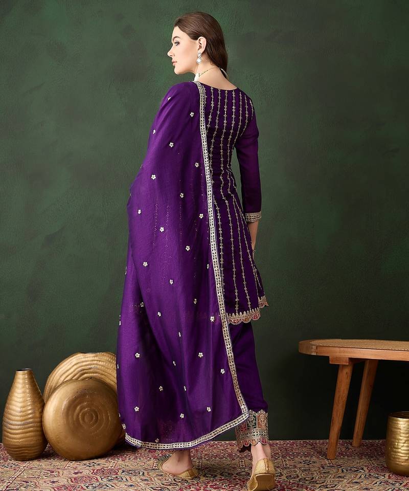 purple chinon   flared top with bottom & dupatta