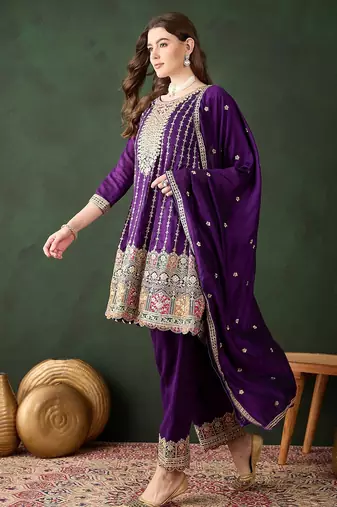 purple chinon  flared top with bottom & dupatta